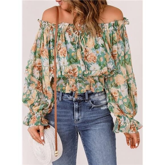 Tops - Green Floral Printed Off Shoulder Ruffle Babydoll Top Bishop Sleeve Blouse Top